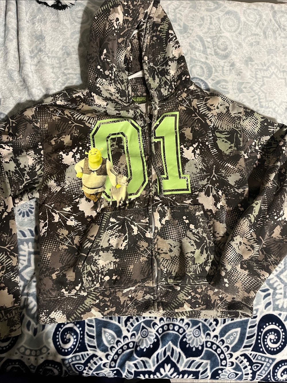 Kids Green Camo Graphic Zip-Up Hoodie with Shrek Art